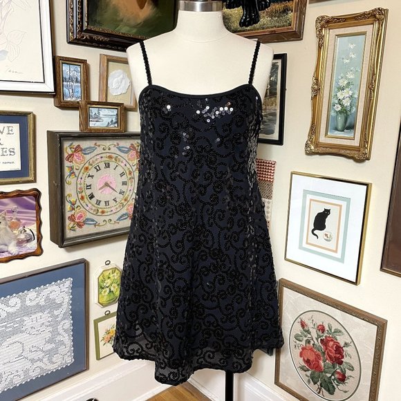 90s Vintage Liz Claiborne Black Crepe Sleeveless Slip Dress with Sequins Size 12 - Picture 1 of 7